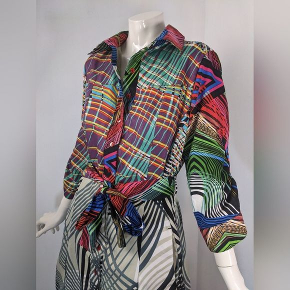 Desigual Shirt dress, vibrant print dress with pockets stripes size large - Picture 3 of 10